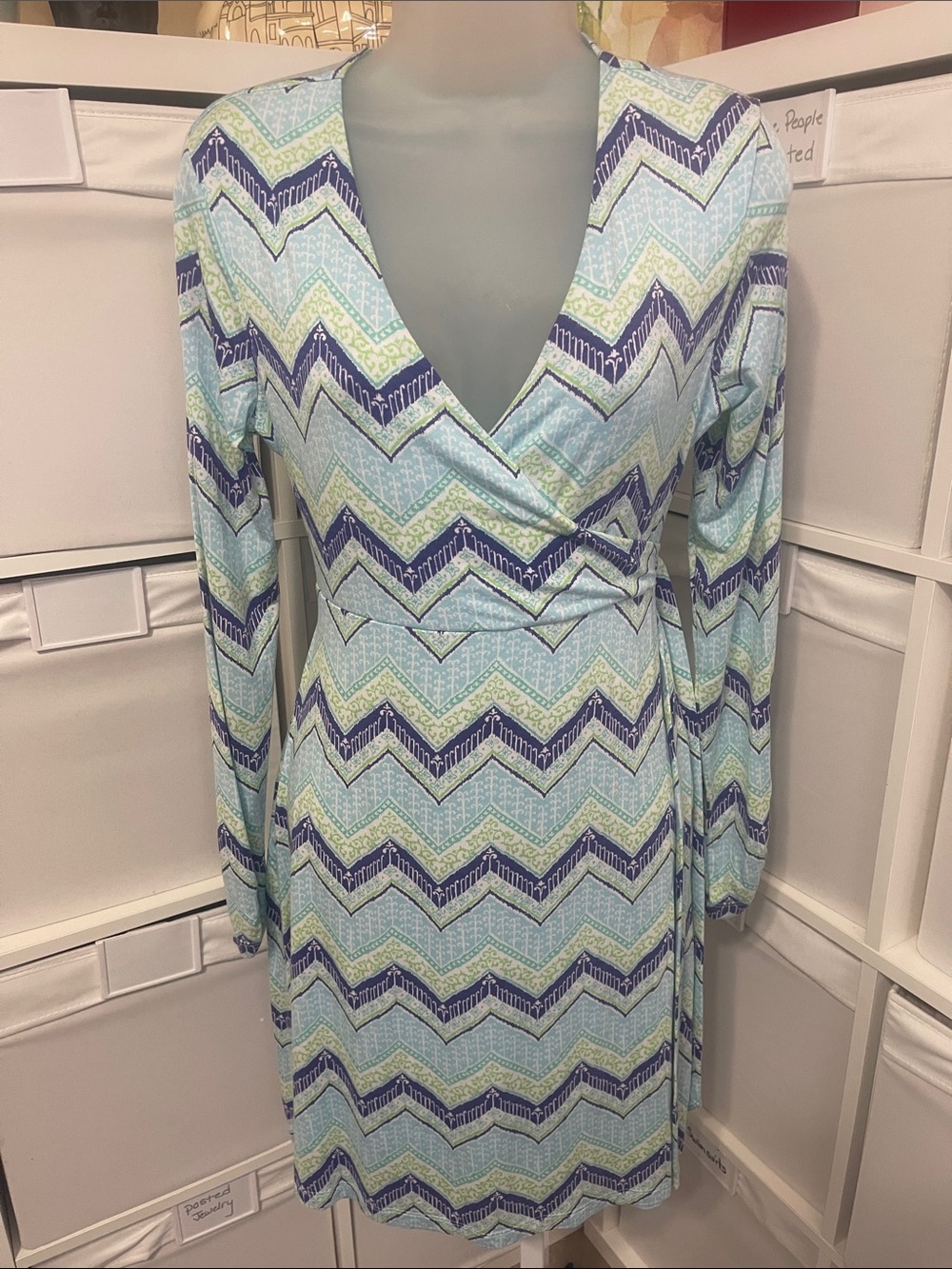 Dakini Chevron Wrap Long-Sleeve Dress in Mint, Navy & Light Blue